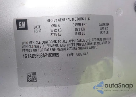 2010 Chevrolet Cobalt Lt z USA, uszkodzony, nr VIN 1G1AD5F58A7193069